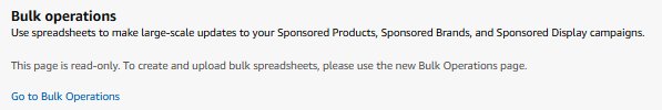 Screenshot of the legacy Amazon Bulk operations page showing 'This page is read-only' notification and a 'Go to Bulk Operations' button